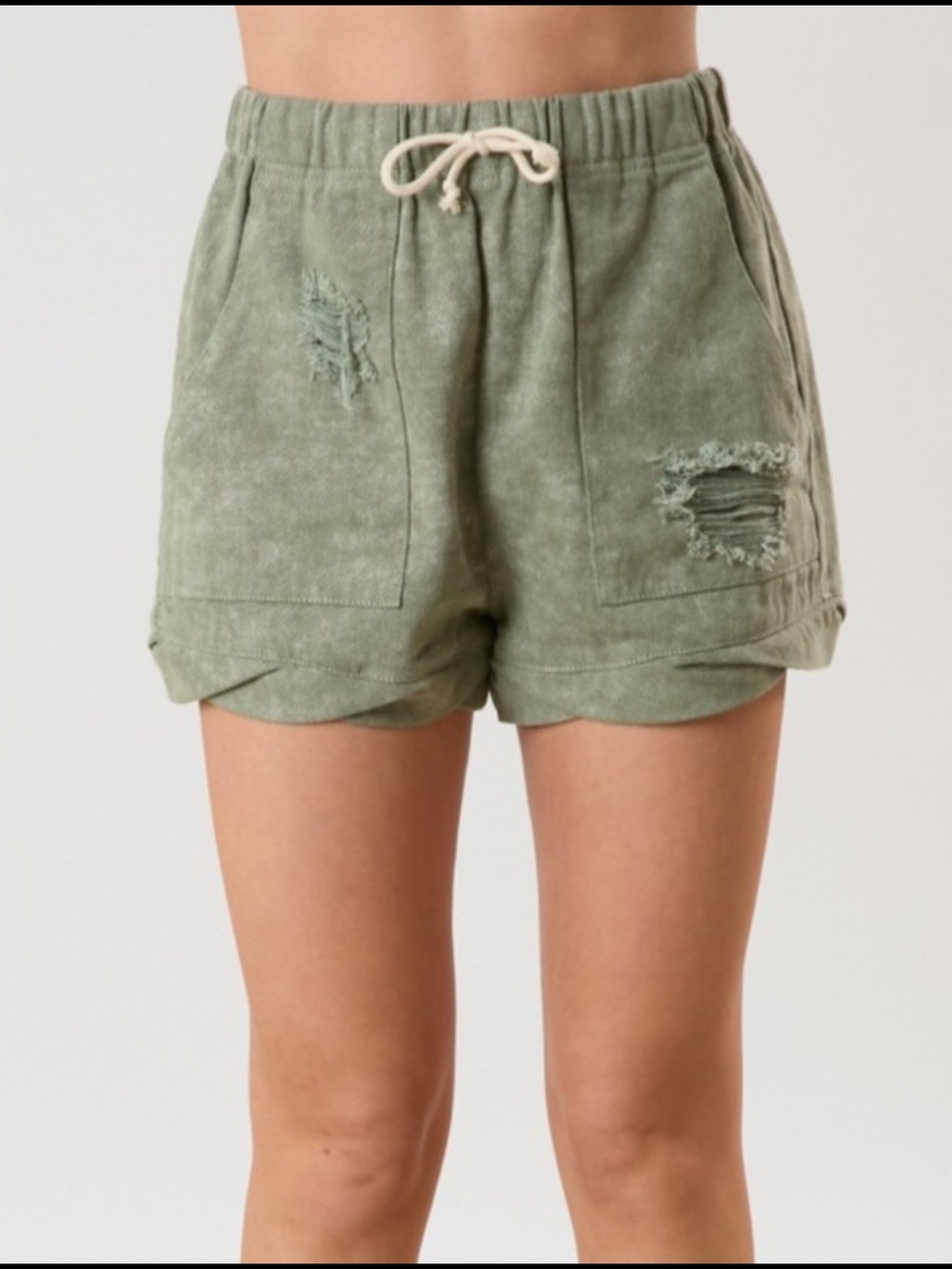 Peach Love California Green Acid Wash Distressed Drawstring Cotton Shorts Medium